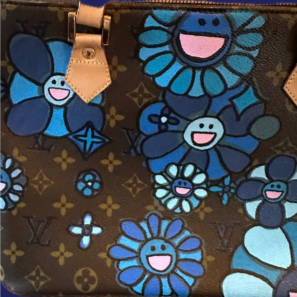 Louis Vuitton Blue Floral Tote Bag  Upcycled and Hand Painted - Picture 5 of 16